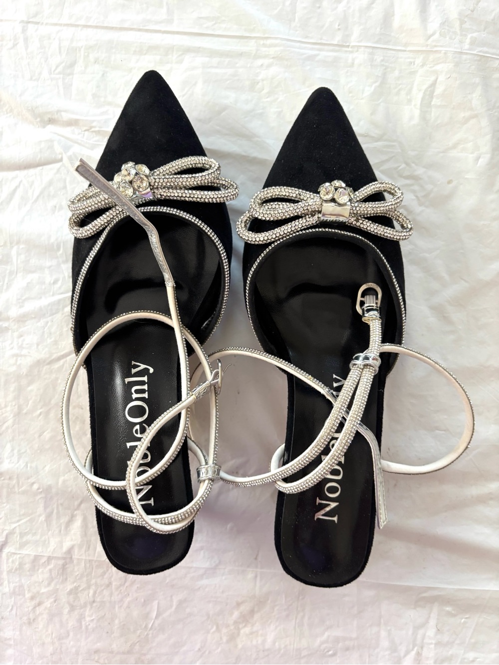 NWOT Noble Only Black Silver Rhinestone Bow Lace Up kitten Heel Sandals SZ 10 - Picture 2 of 15